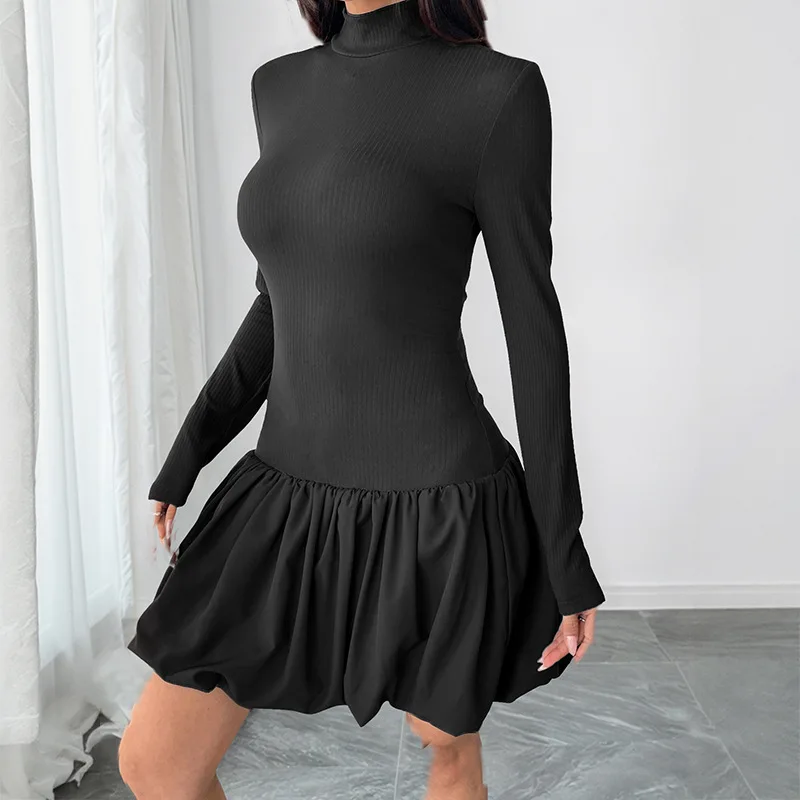 Minivestido elegante de manga larga con cuello alto y volantes para mujer, vestido de fiesta liso ajustado de cintura alta, corte en A, ropa de calle, otoño 2025