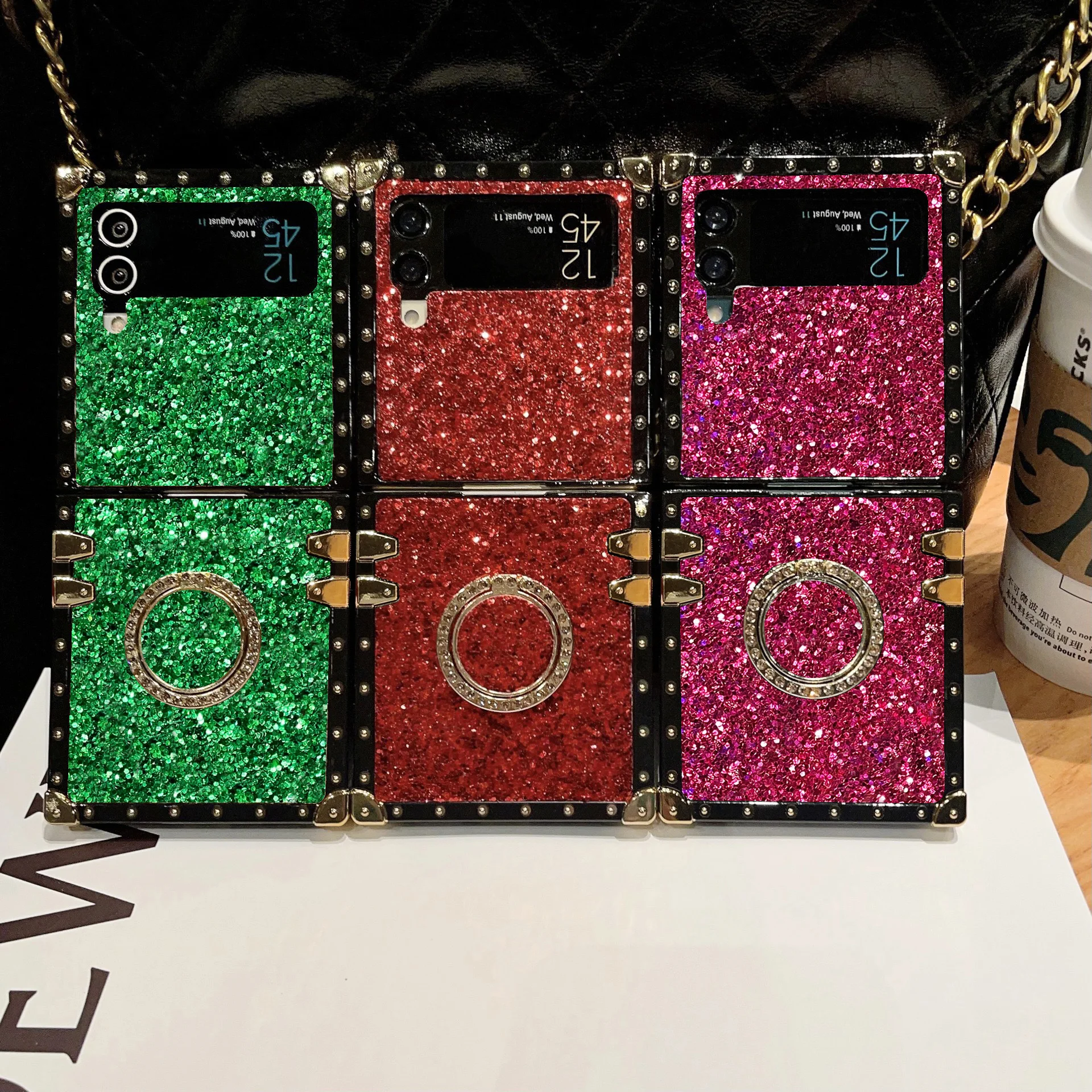 

Luxury Artificial Glitter rhinestone Holder Square Phone Case For Samsung Galaxy Z Flip 8 6 5 4 3 Flip7 FE fashion shiny Shell