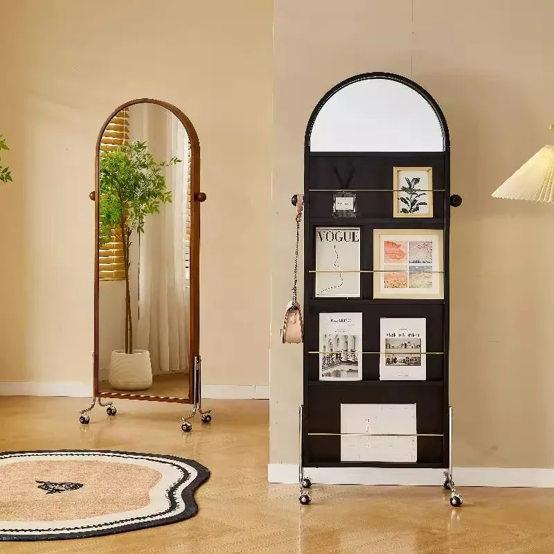 HYS retro floor mirror full-length mirror household creative magazine book shelf medieval movable solid wood try-on mirror