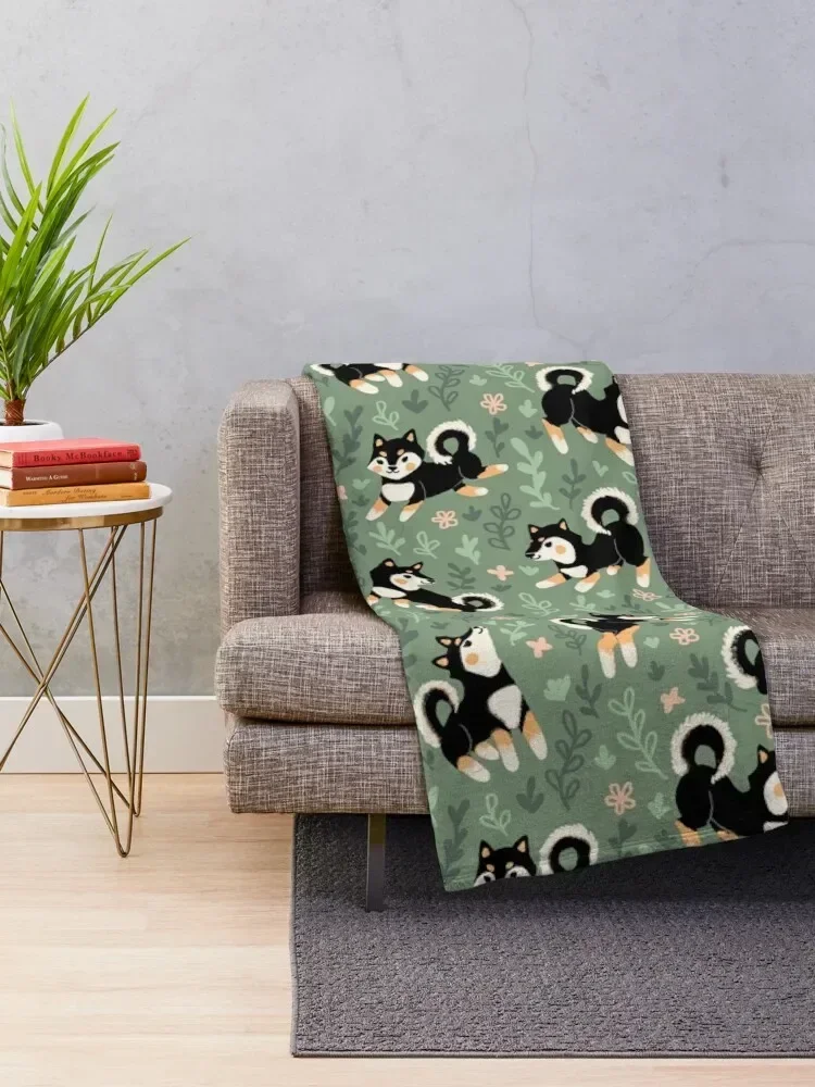 Playful Black And Tan Shiba Inu Pattern Throw Blanket Sofa Quilt Luxury Thicken Beautifuls Blankets