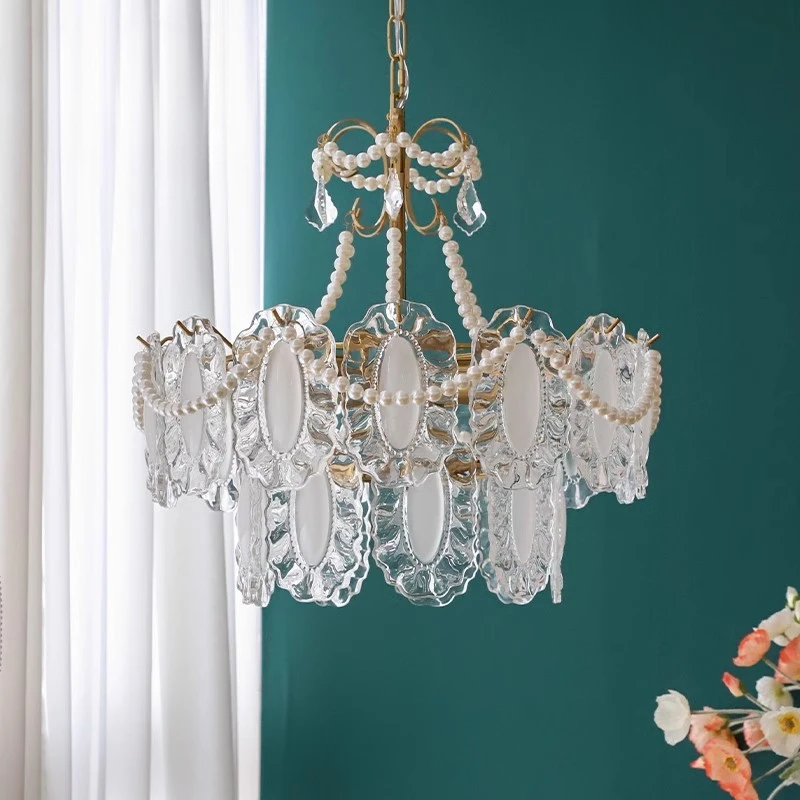 Light French light luxury retro style glass chandelier, American cream style living room dining room bedroom lamp