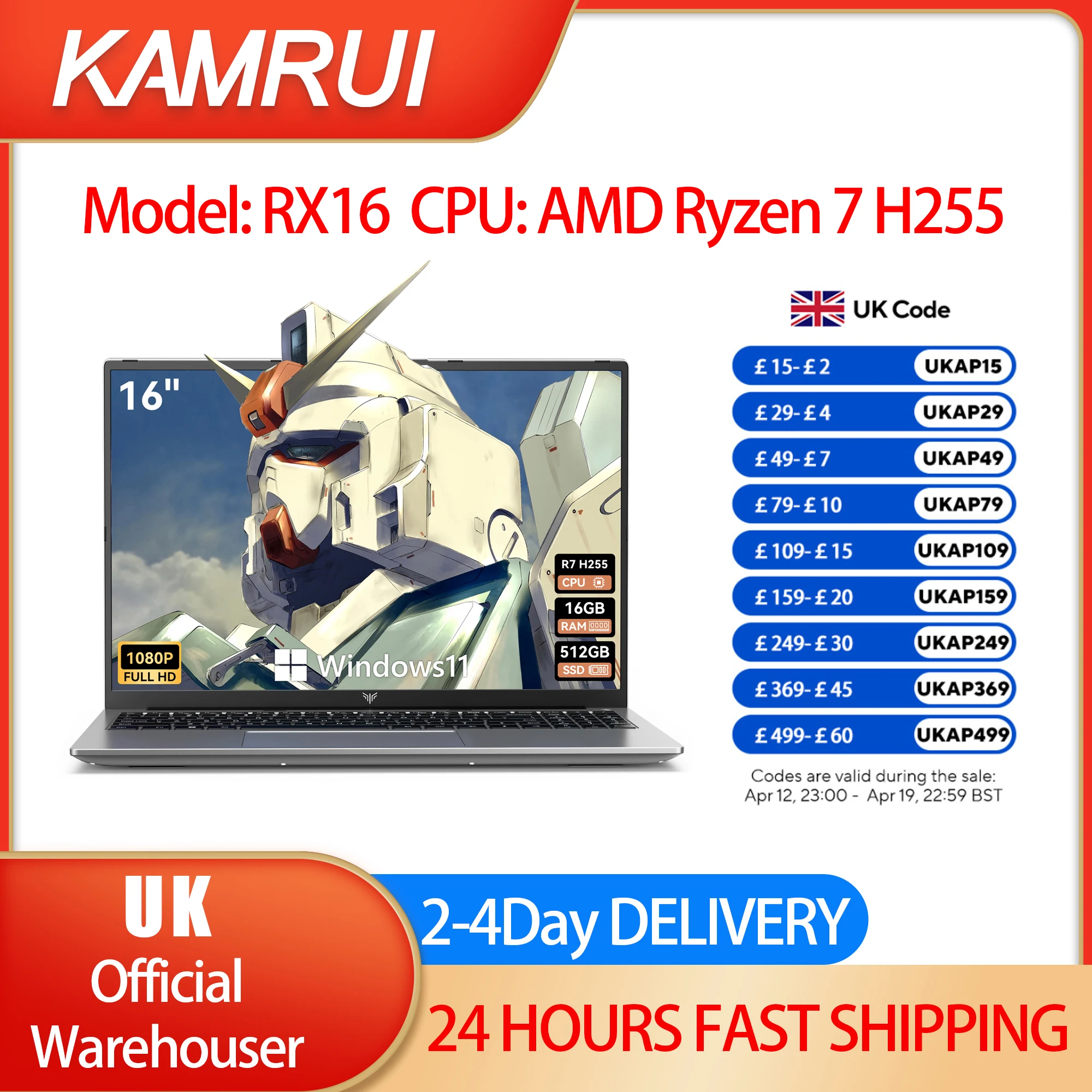 KAMRUI Laptop Computer AMD Ryzen7 H255 Windows Laptop 16 in IPS 16GB DDR5 512GB NVMe SSD Backlit & Numeric Keyboard Wifi6 BT5.2