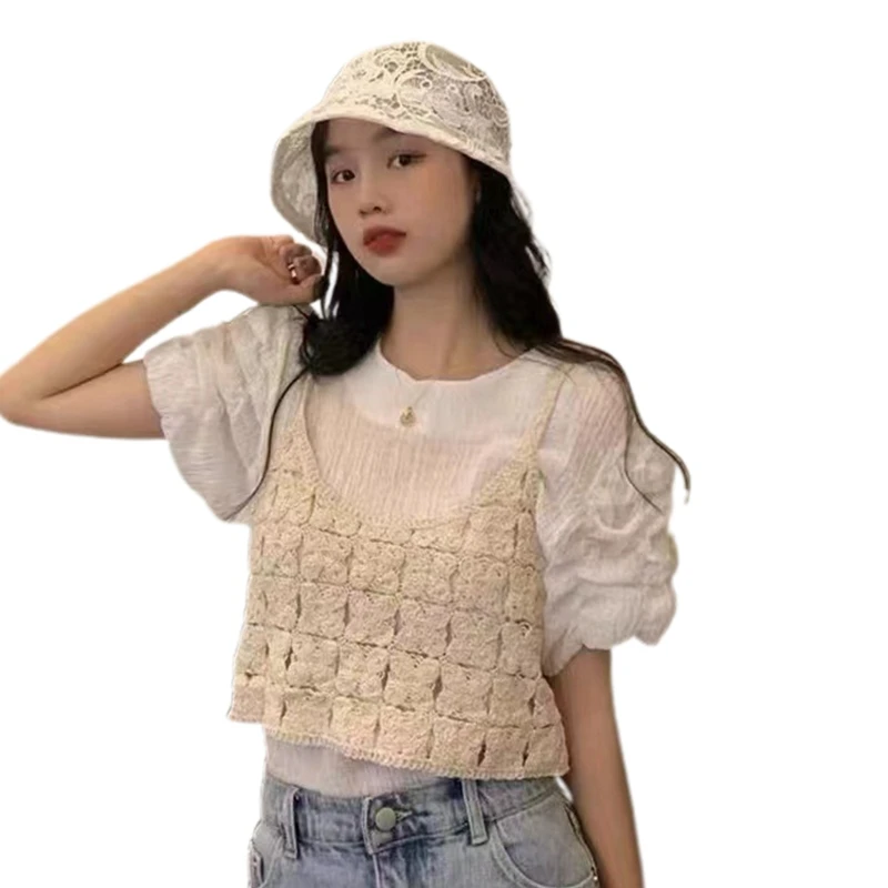 Ins for Fresh Crop Tops Donna senza maniche o collo estivo Boho Crochet Sweet Camiso