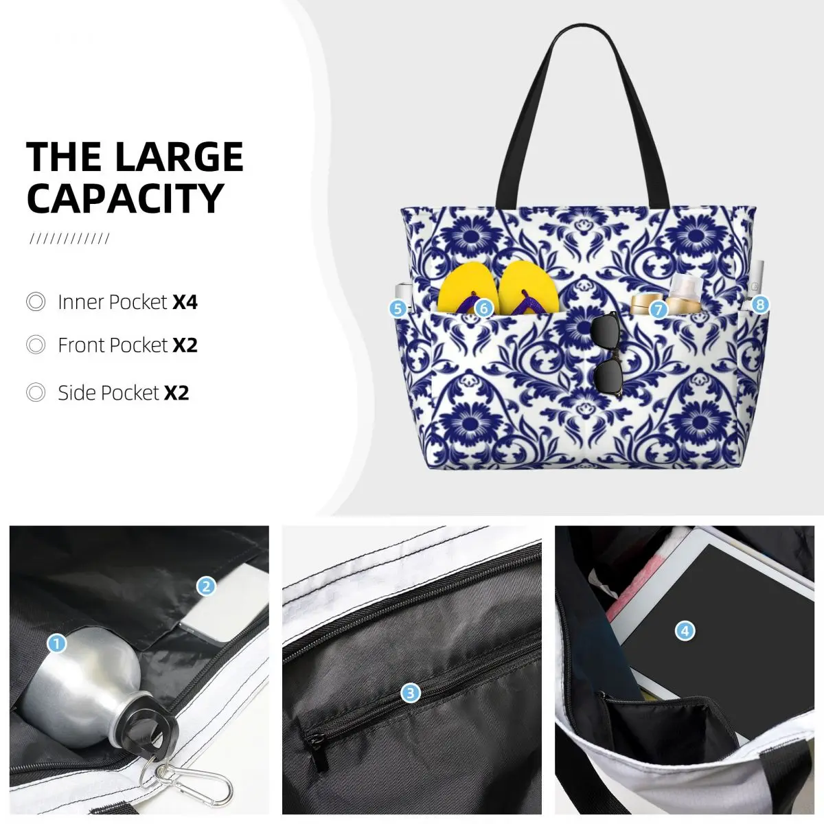 Bolso de viaje de playa portugués, bolsa de mano, bolso de hombro personalizable para adultos, patrón multiestilo, azul y blanco