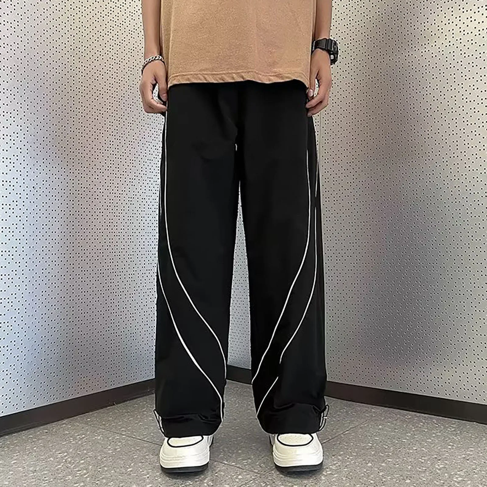 Y2K Cargo Pant Overalls Two White Line Black Pants New Harajuku Fashion Casual Loose Men Rock Straight Wide Leg Pants Streetwear