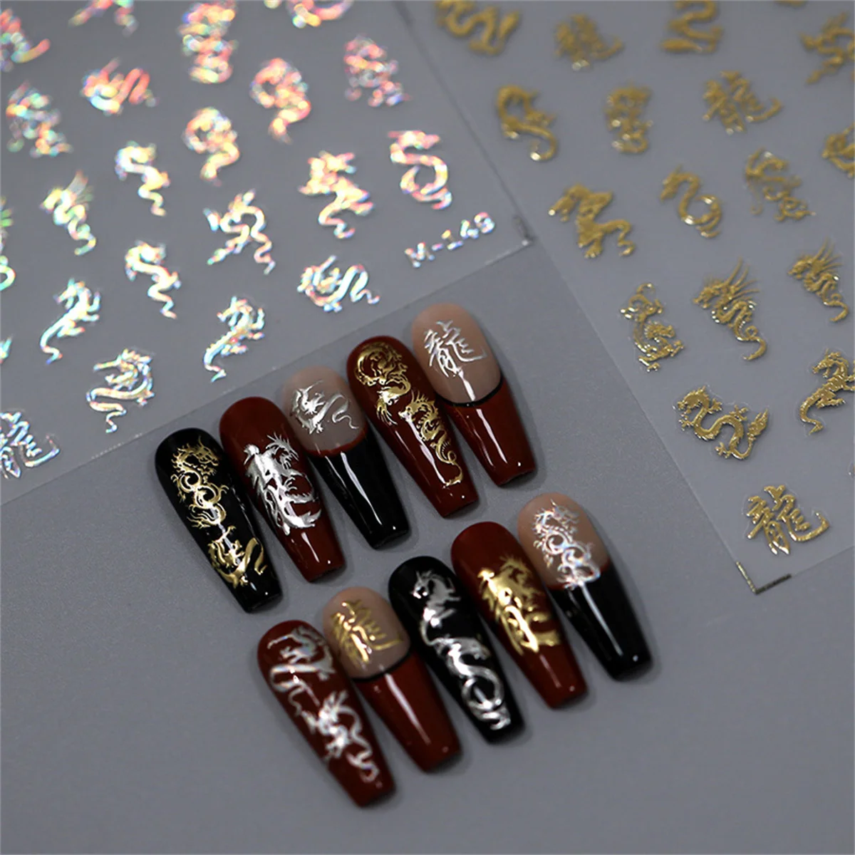 1 pz oro argento drago Nail Sticker 5D specchio metallico cinese Laser Glitter Dragon Design smalto Gel decorazioni per unghie di capodanno