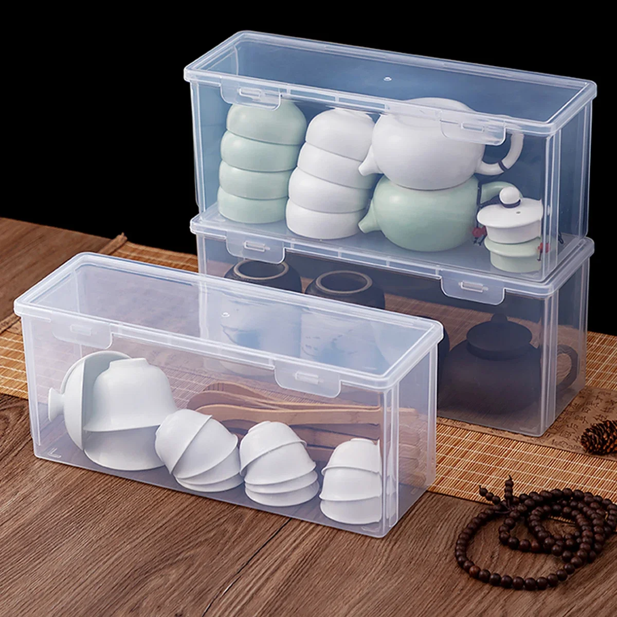 WORTHBUY Transparent Sealed Storage Box With Lid Tea Set Moisture-proof Organizer Boxes Home Plastic Storage Container