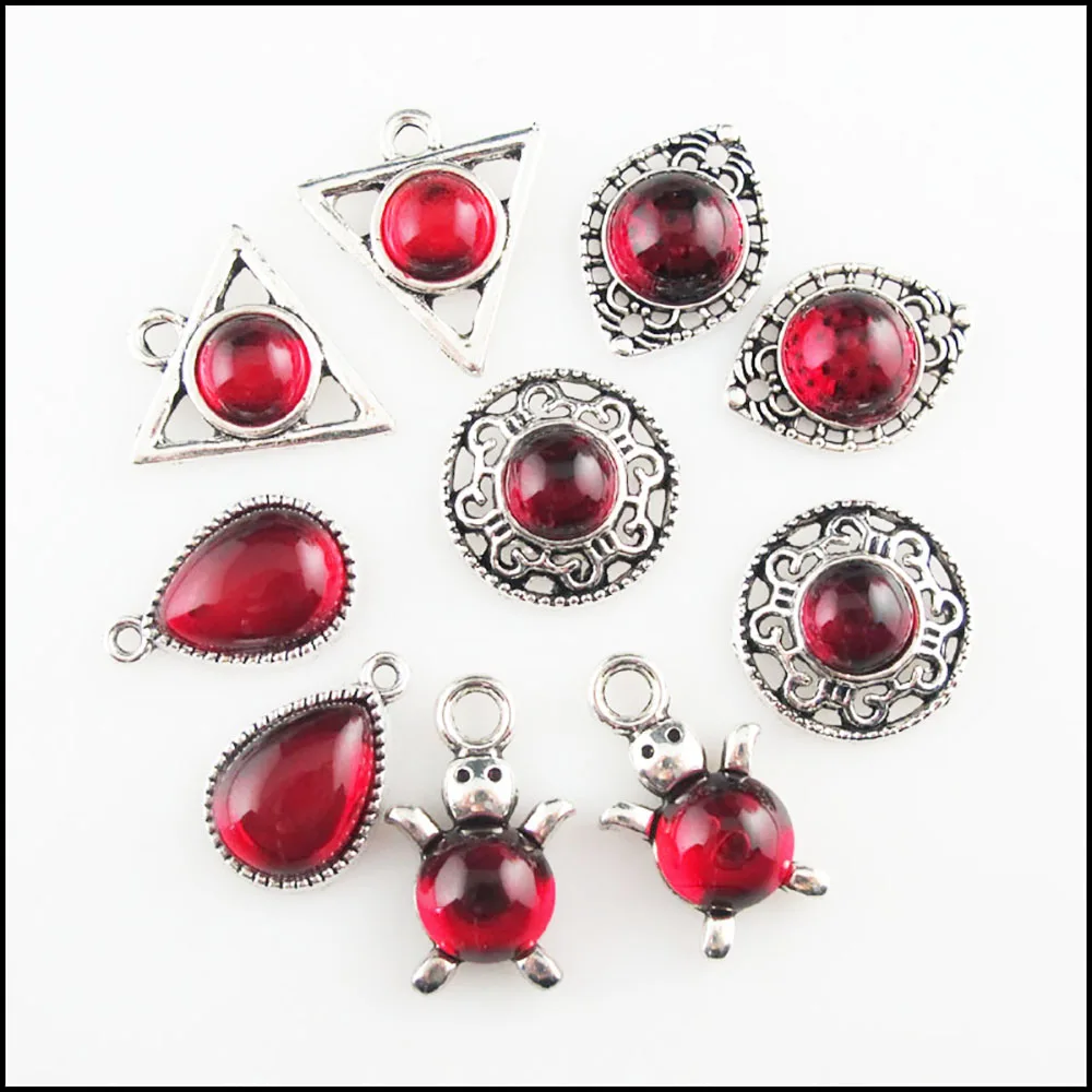 Fashion New Animal Tortoise Eye Triangle Teardrop Charms Round 8mm Red Glaze Tibetan Silver Plated Pendants Retro