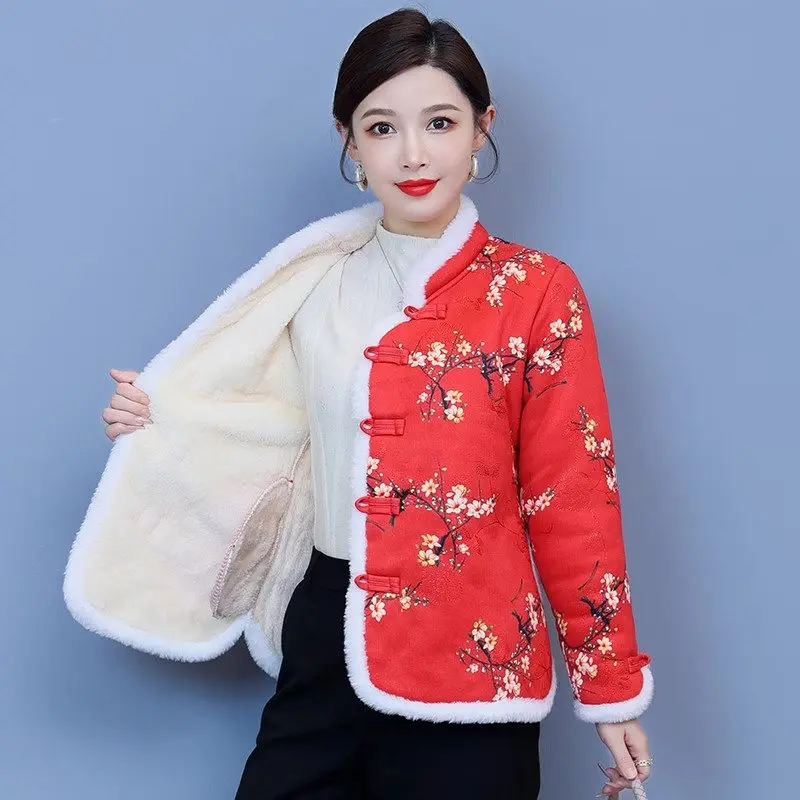 2023 Winter Women's Plush Jacket Fashion Retro Ethnic Style Printed Thickened Fleece Cotton Coat Short Chinese Clothes Z4023