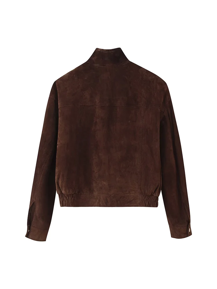 سترة نسائية جديدة على الطراز الأوروبي عصرية ومتعددة الاستخدامات من جلد الغزال بلون سادة مع تفاصيل الجيب. #2