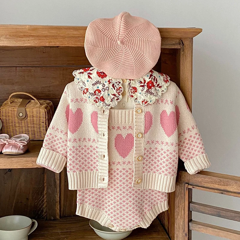 2024 New Autumn Children Knitted Clothes Suit Long Sleeved Knitted Cardigan+Jumpsuit Infant Baby Girls Knitted Clothing Set