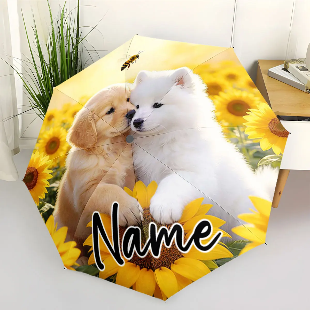 Custom Name Golden Puppies and Sunflowers Adorn the Umbrella Print 8 Iron Ribs Folding Umbrella Auto-Open Fashion Sunshade