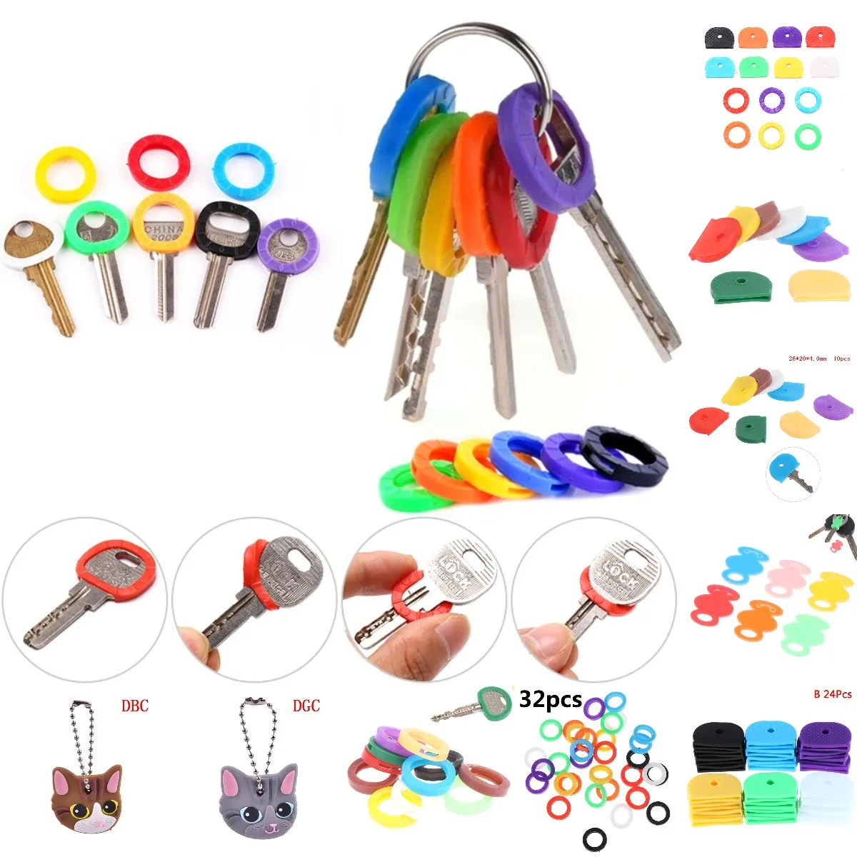 1/10/24/32/50Pcs Elastic Case Keyring Rubber Soft Keys Locks Cap Topper Head/Caps/Tags/ID Markers Mixed Toppers Random