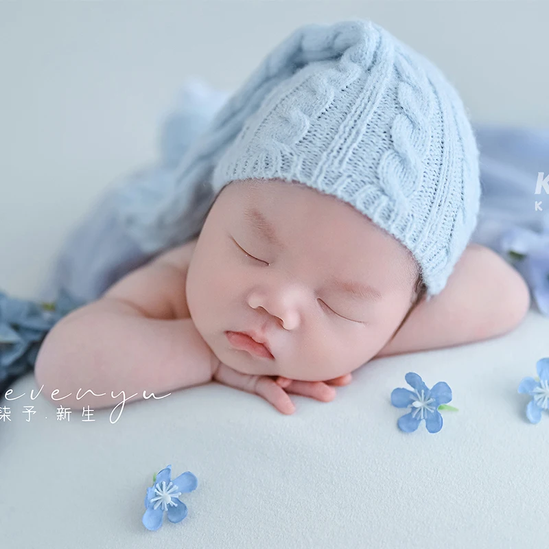Newborn Photography Studio Shooting Props Soft Elastic Wrapped Cloth Woolen Hats Artificial Flower Set Baby Photoshoot Accessory