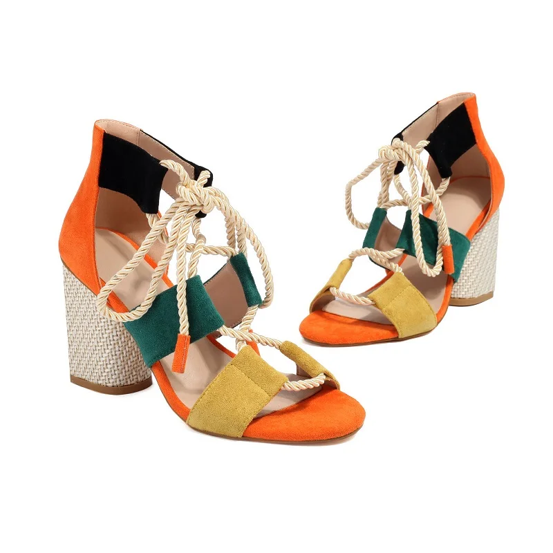 2025 Bohemia Sandals Block High Heel Woman Shoes Ankle Strap Mixed Color Sandals Elegant Women‘s Summer Shoes Large Size 43