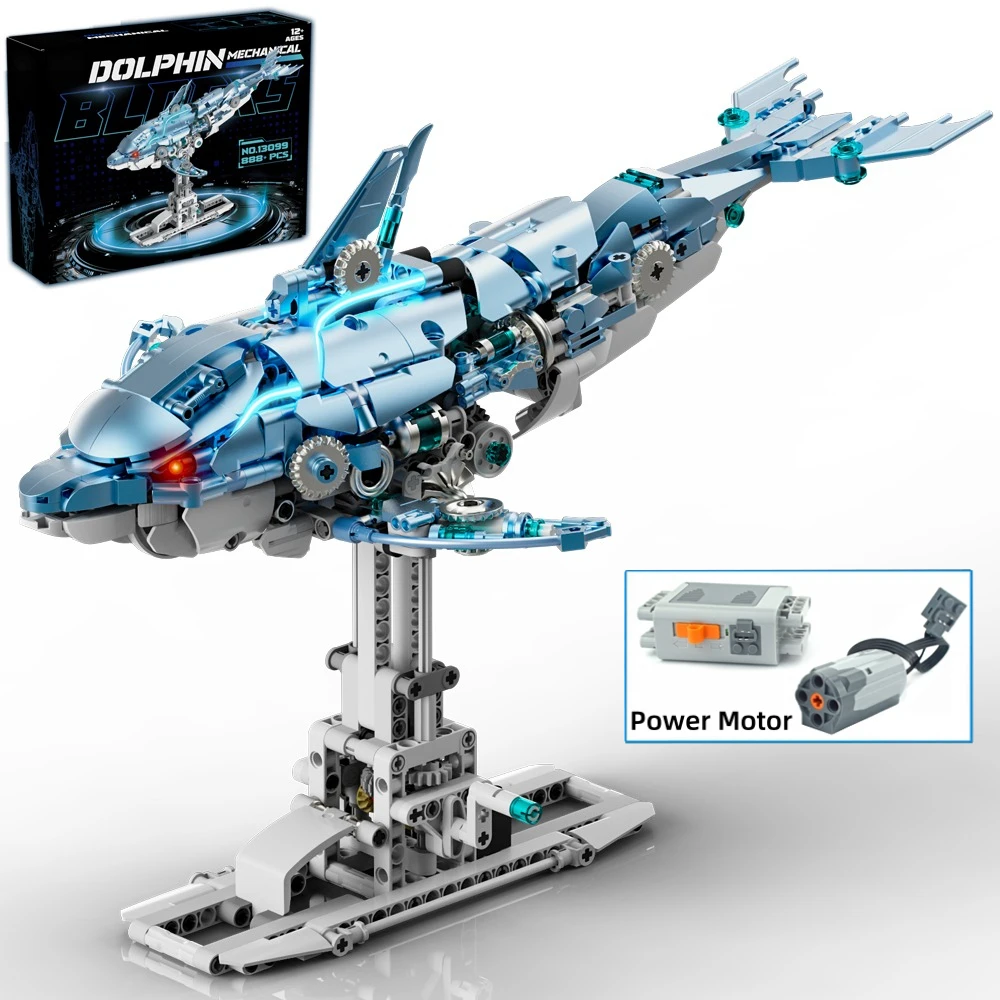 

888 деталей, технический механический конструктор «Синий Дельфин», модель морского существа, с шестеренками и подсветкой, MOC, коллекционная игрушка, подарок