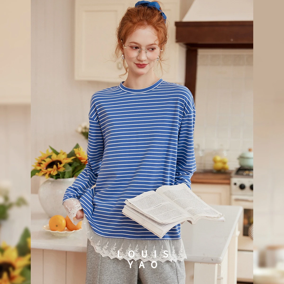 

LOUISYAO Lace Trim Very cute Women's T-Shirt 2025 Autumn Tops Casual Sweet Striped Slightly Stretch Y2k Original Design Tees