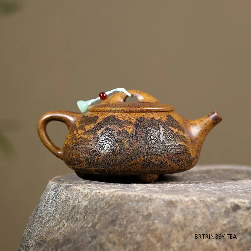 Chinese Yixing Purple Clay Teapot Large Capacity Handmade Tea Pot Hand-carved Landscape Kettle Household Zisha Tea Set 500ml