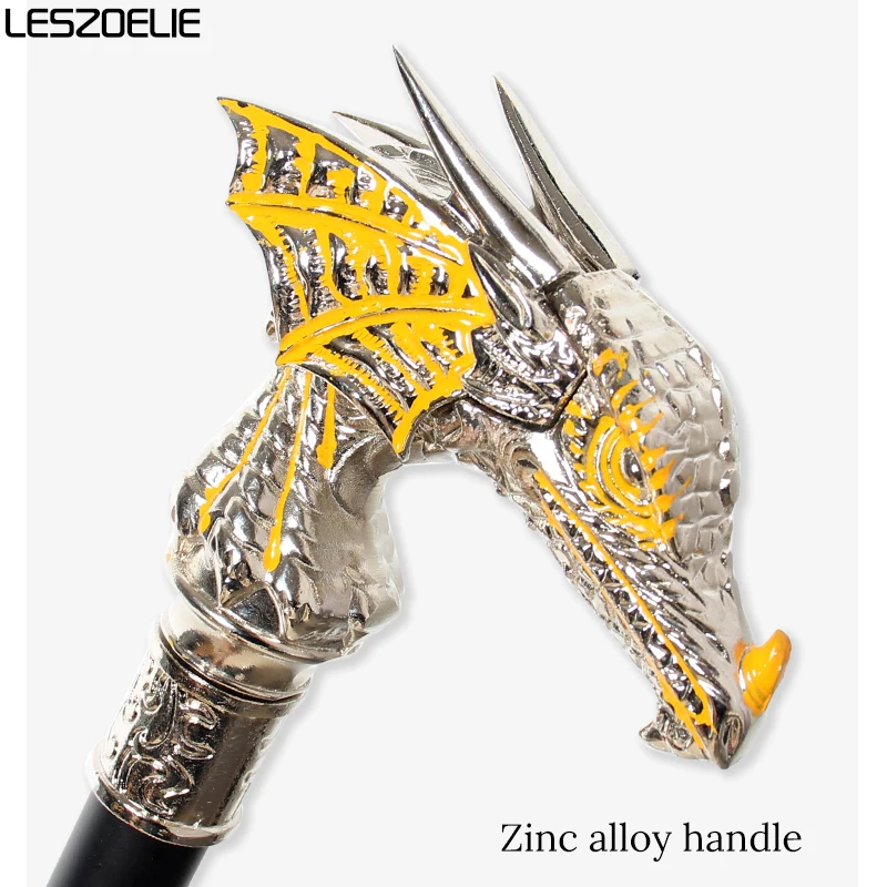 Bastón con cabeza de dragón plateado brillante de lujo de 92cm con amarillo para hombres y mujeres, bastón decorativo Vintage a la moda para fiesta y Cosplay
