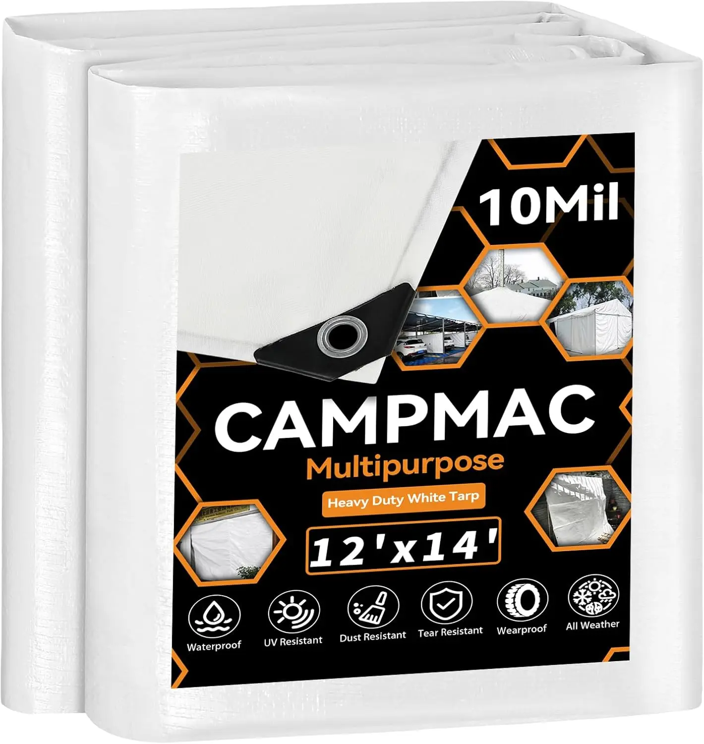 

12' x 14' White Heavy Duty Waterproof Tarp, 10 Mil Thick, Durable and Rip-Resistant with Metal Grommets