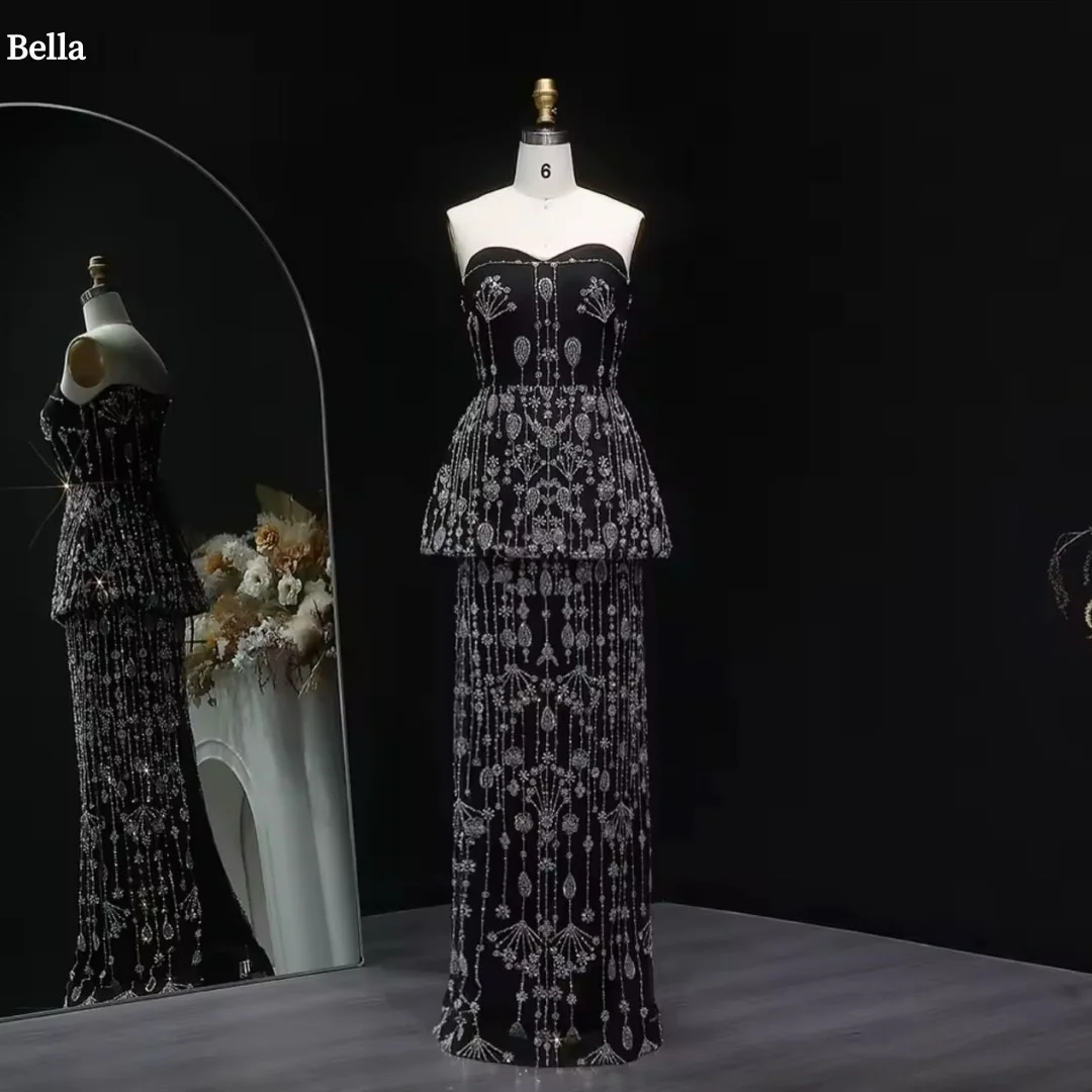 

Bella Customized Black Beading Pearls robes de soirée Strapless Two-Piece Set Backless Party Dresses Floor-Length Prom Dress