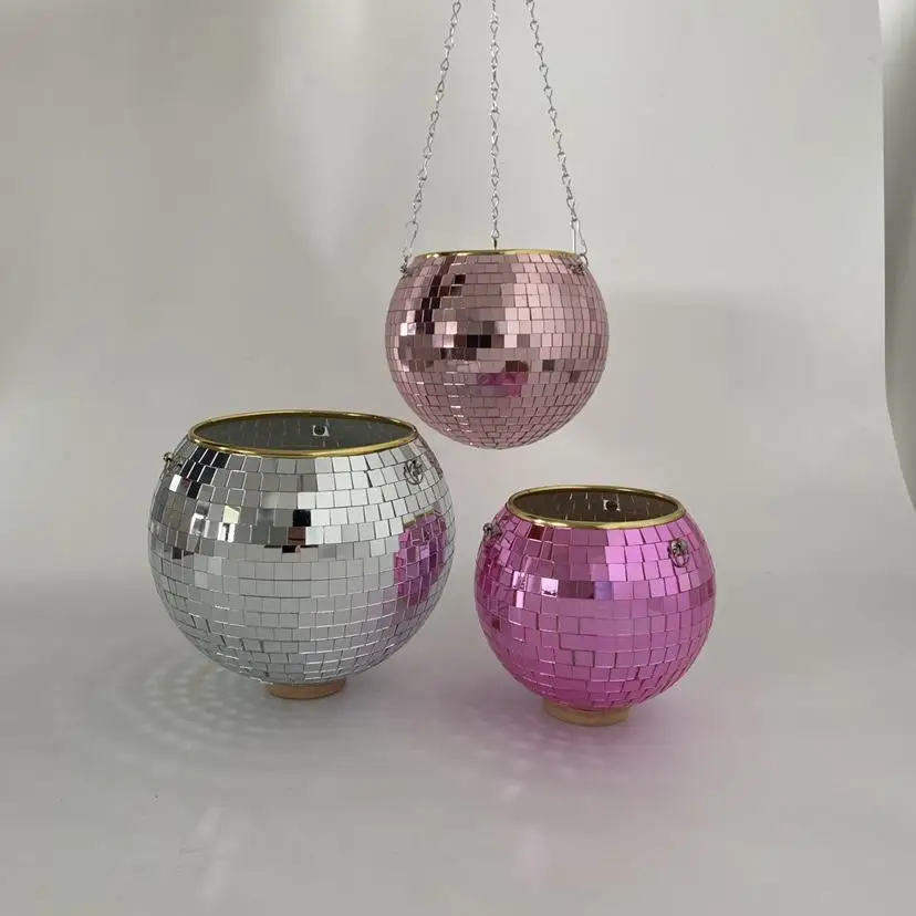 Disco-Spiegelkugel Hängender Blumentopf Sukkulenten-Pflanzgefäß für Innen- und Gartenbereich Wanddekoration Vase mit Holzring-Kette – Detail 13