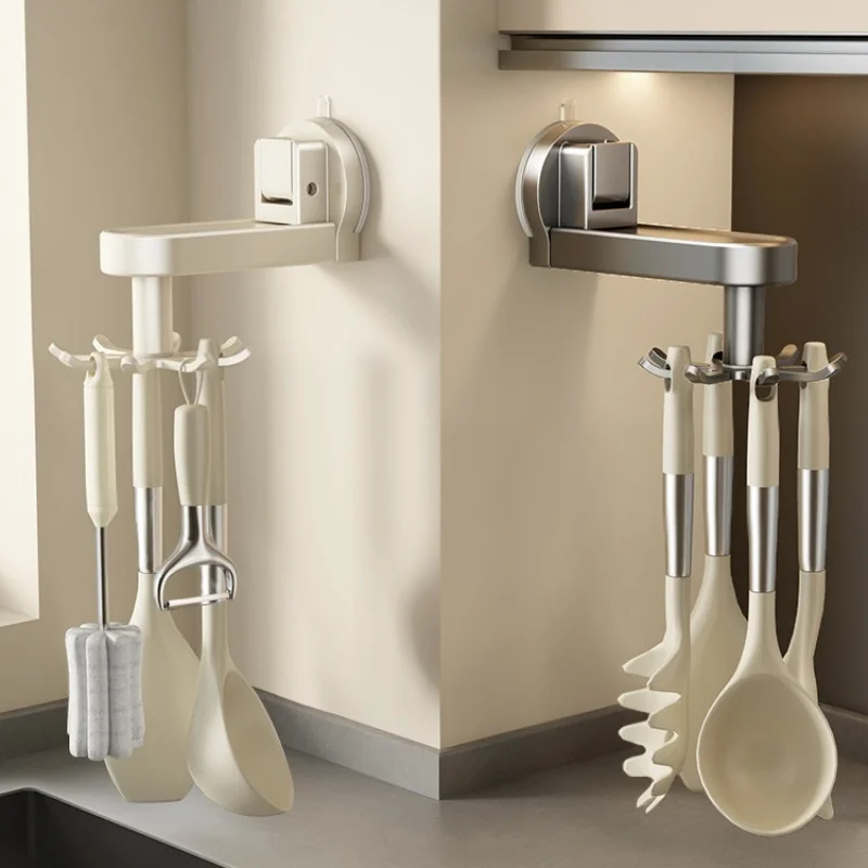 Kitchen Rotating Suction Cup Hook Punch-Free Wall-Mounted Pot Spatula/Spoon Storage Rack Spatula Hanging Racks