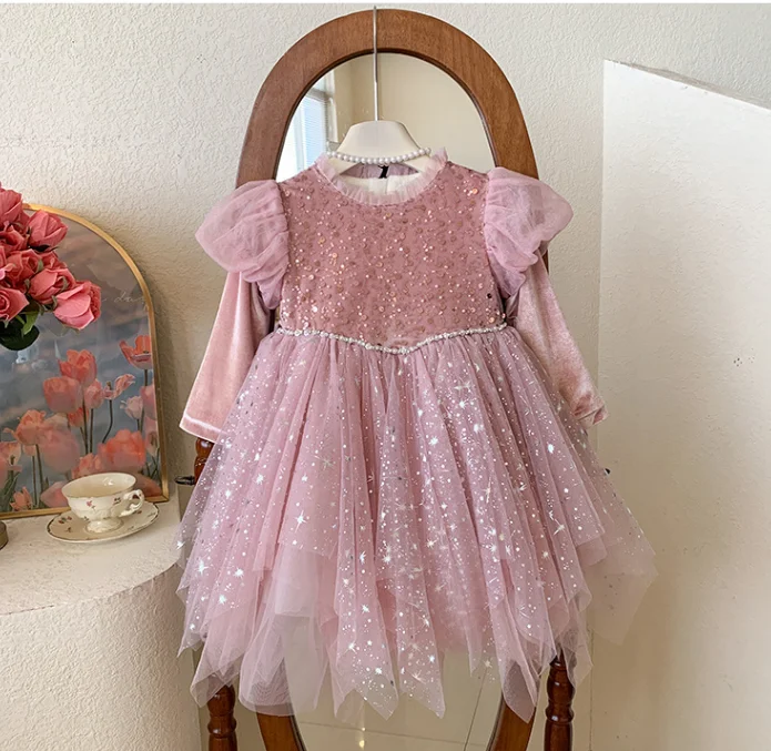 Retail New Baby Girls Winter Boutique Fleece Pink Sequined Mesh Dress,  Princess Kids Elegant Party Birthday Dress 2-7T