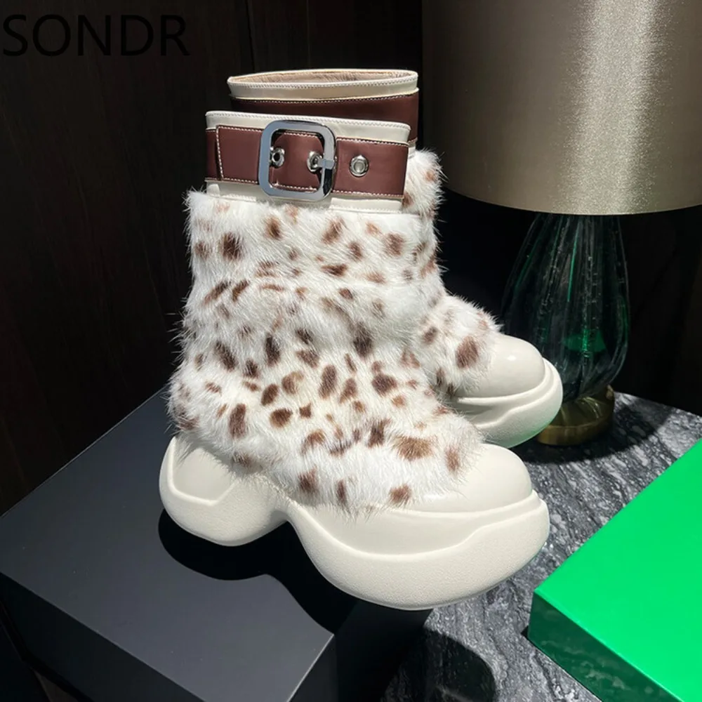 

Womens Round Toe Mid Calf Boots Real Fur Furry Wedge Hidden Heel Warm Winter Snow Platform Shoes Thick Genuine Leather New 2024