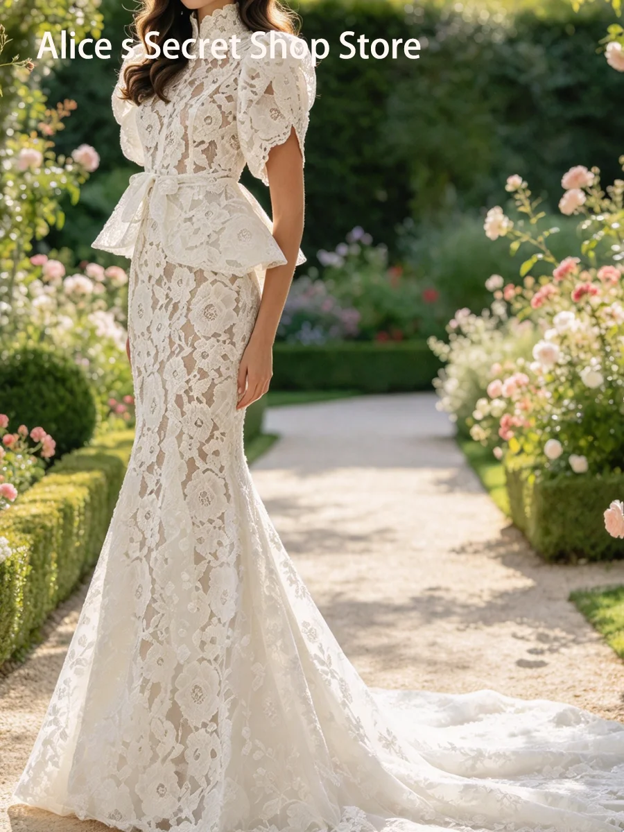 Elegant High Collar Ruffles Full Sleeve Lace Mermaid Bride Wedding Dresses Bridal Gowns Customized