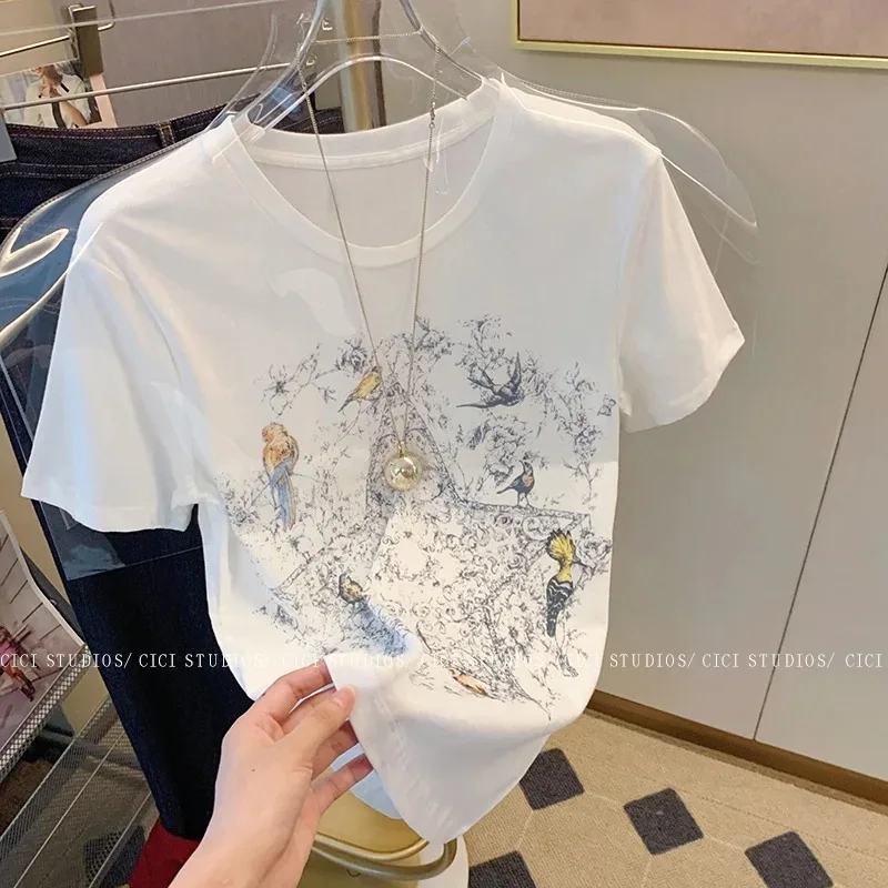 Y2K Luxury Flower Bird Printed T Shirts Women High Quality Cotton White Short Sleeve Summer Tops Korean Fashion All-match Casual