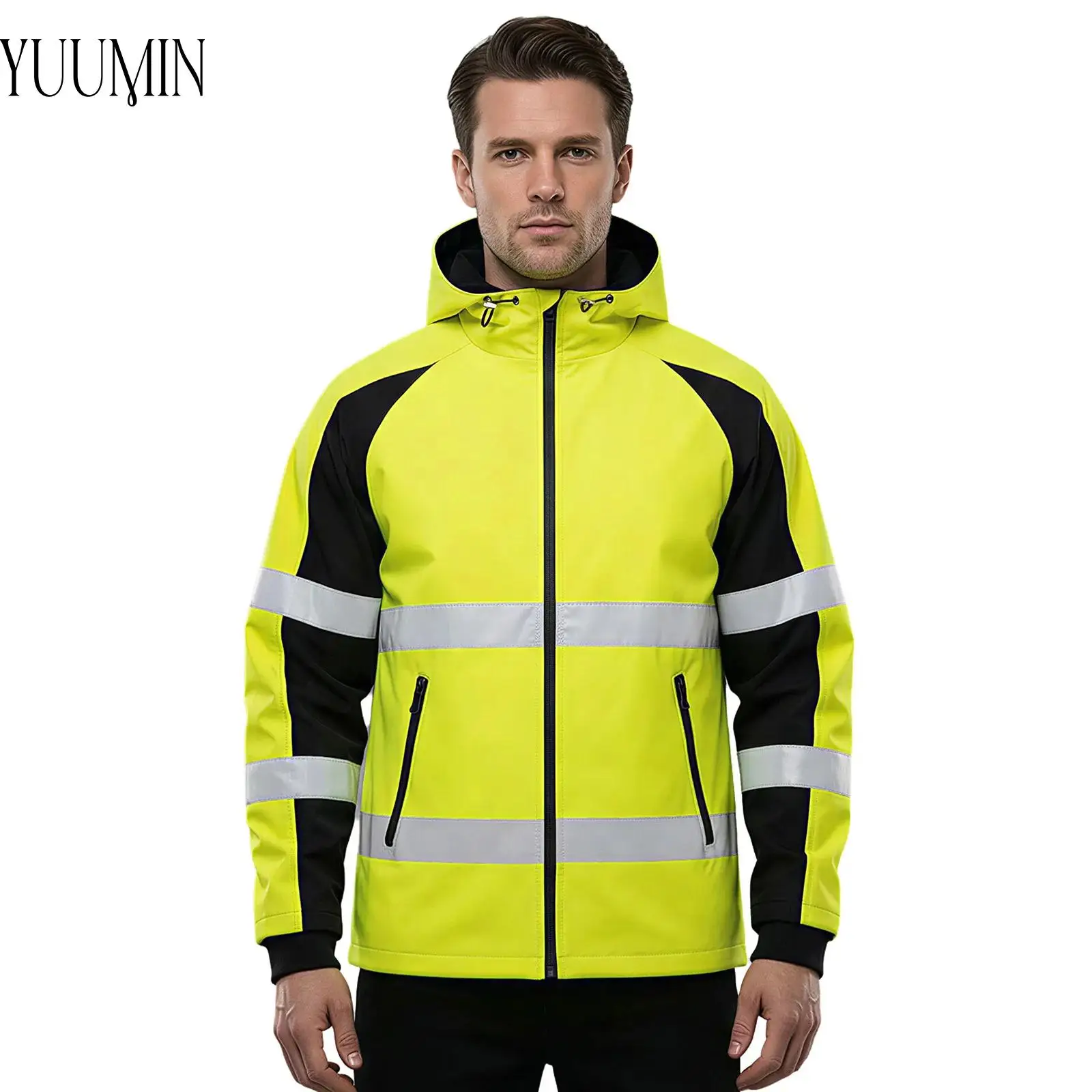 

Mens Quick-drying Hooded Jacket Workwear Color Block Coat with Zip-Up Pocket for Construction Site Warehouse Traffic Control