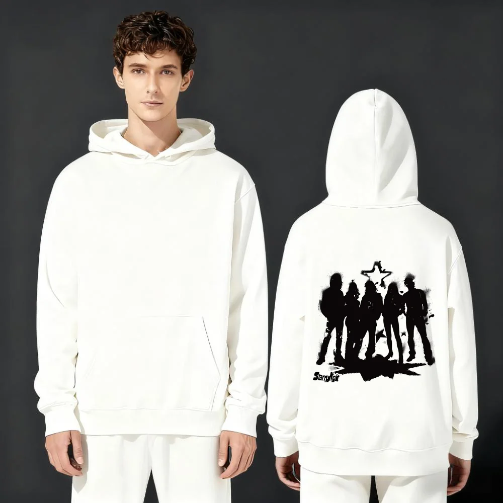 سترة Y2K العصرية الجديدة لعام 2025 بوزن 330 جرام بغطاء للرأس مريح وفضفاض مع طباعة صورة ظلية لشخصية الروك الرجعية