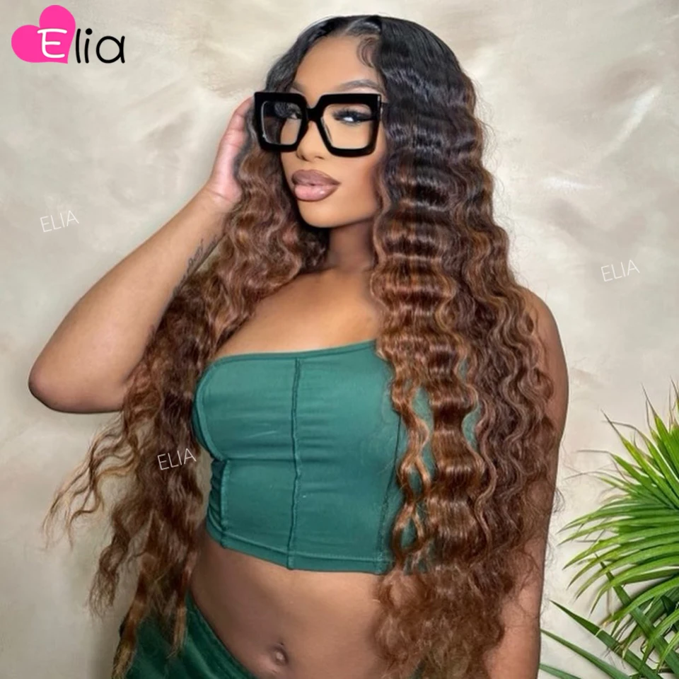 Ombre Brown Colored Deep Wave Lace Frontal Human Hair Wig Loose Deep Lace Closure Wig 4x4 5x5 180 Density Highlight Blonde Wave