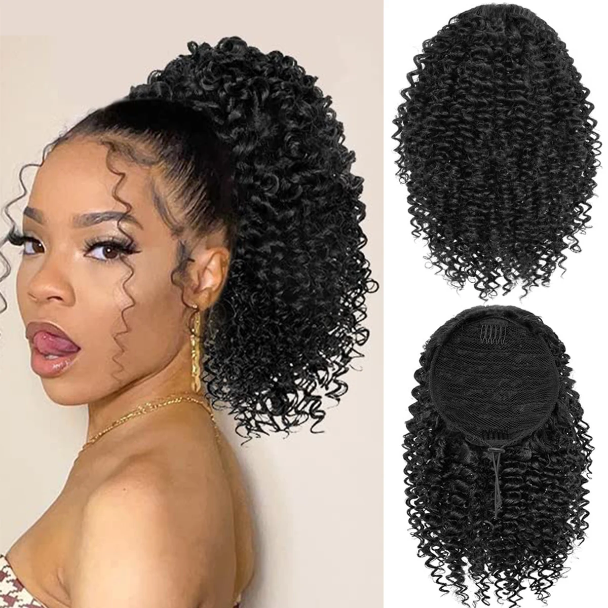 Synthetic Drawstring Curly Ponytail Extension for African Women Short Afro Kinky Ponytail Extension