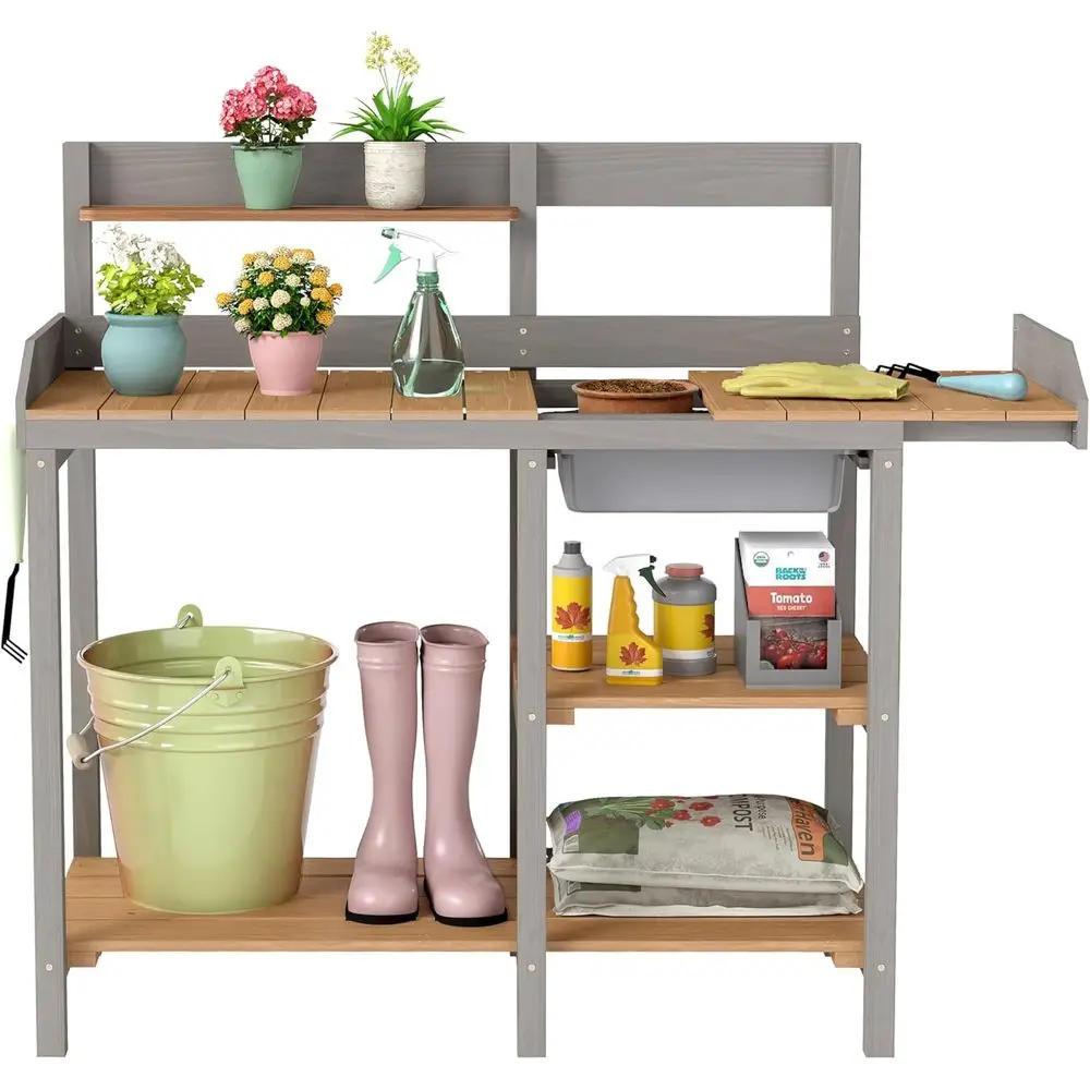 Wooden Potting Bench Table with Sink, Outdoor Garden Work Bench with Shel, Workstation for Patio Lawn