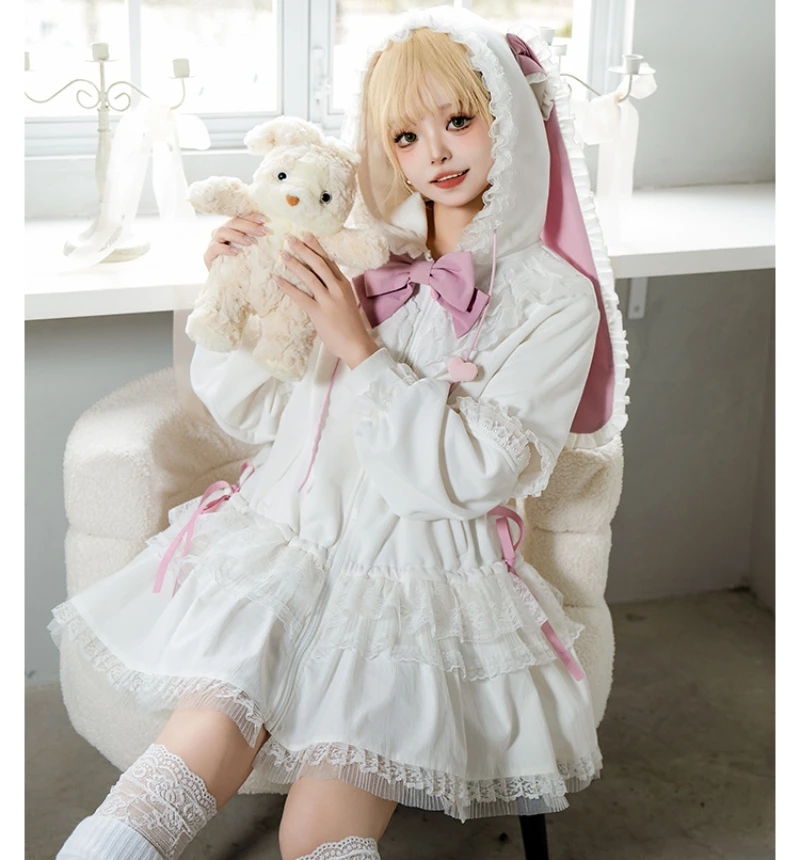 Original Design Sweet Rabbit Ear Water Color Coat Pettiskirt Double Lolita Girl Women's 2024 Spring and Summer Hoodie Dress