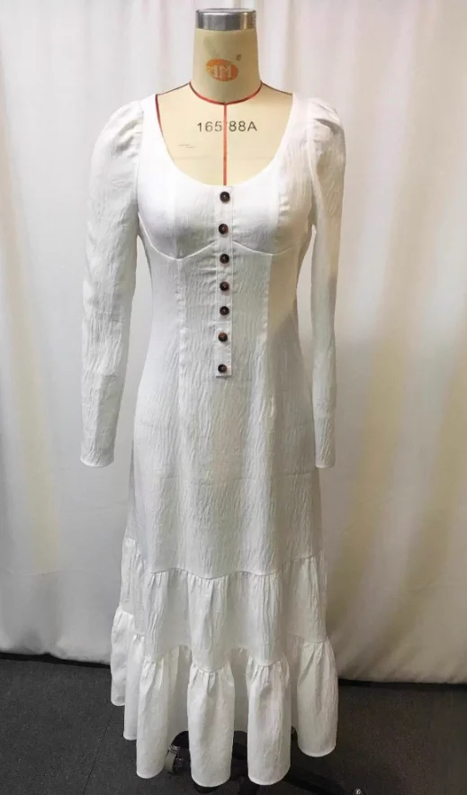 2025 Autumn Vintage U Neck Button Pleated Long Dress Woman Fashion Solid Split Boho Dress Long Sleeve Slim Maxi Dress Vestidos