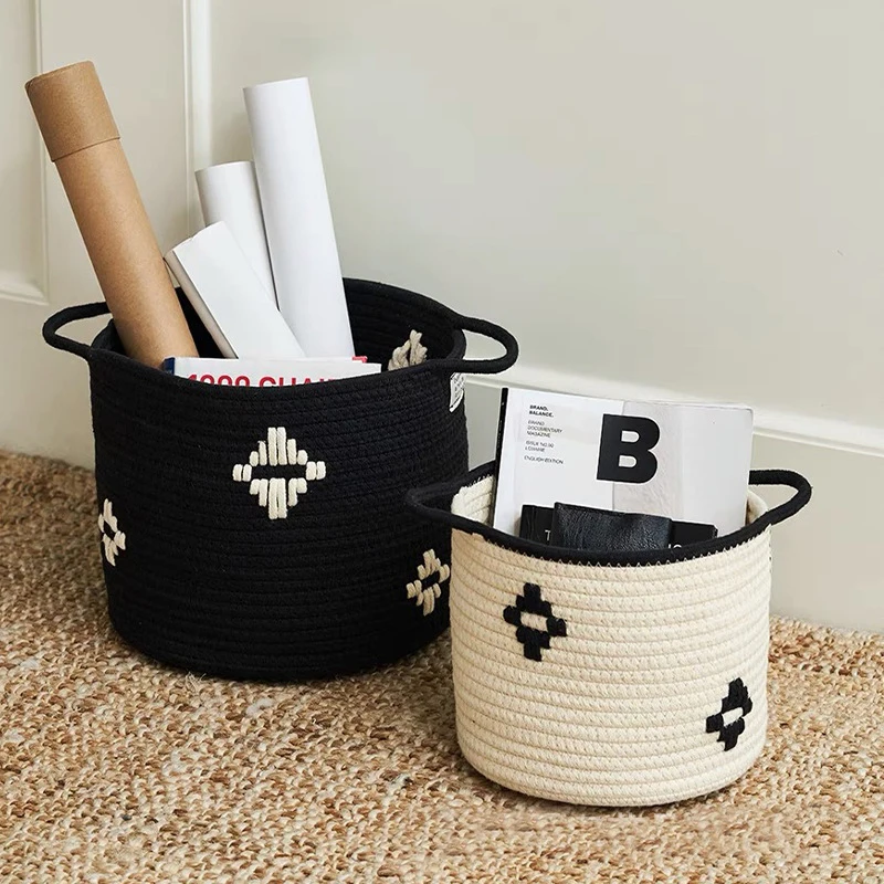 1pc Cotton Rope Storage Basket Black White Countertop Storage Containers Bedroom Woven Decorative Basket Bathroom Laundry Basket