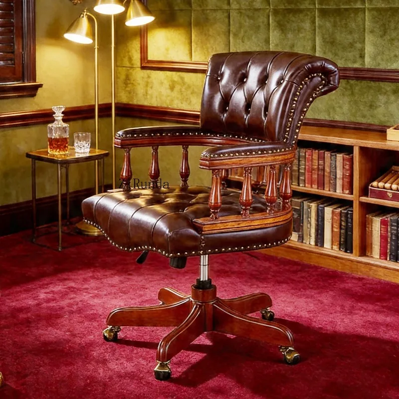 Top Grain Leather Tufted Cherry Wood Frame 360 Degree Rotating, Height Adjustable Office Classroom Chair