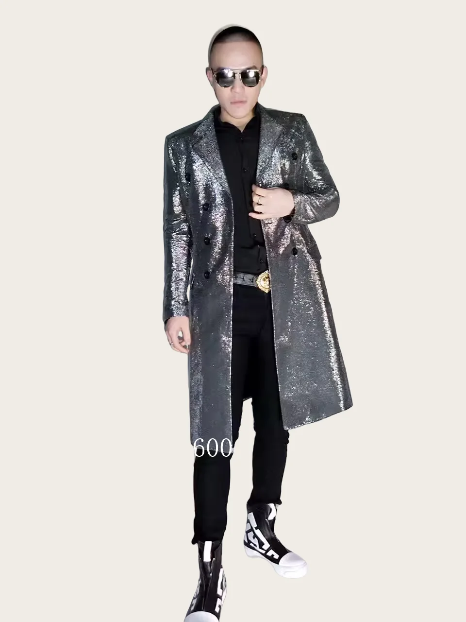 New Fashion Men's Stars Silver Long Suit Jackets costumes Nightclub DJ Male Singer Party show stage performance outwear