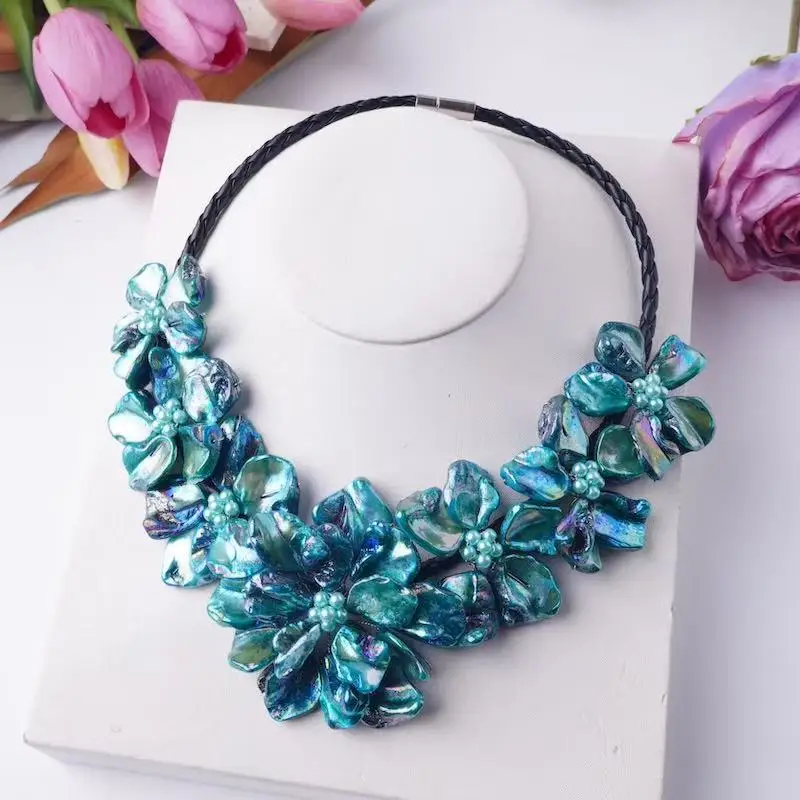 WOW!   blue shell flowers necklace nature 48cm nature FPPJ wholesale