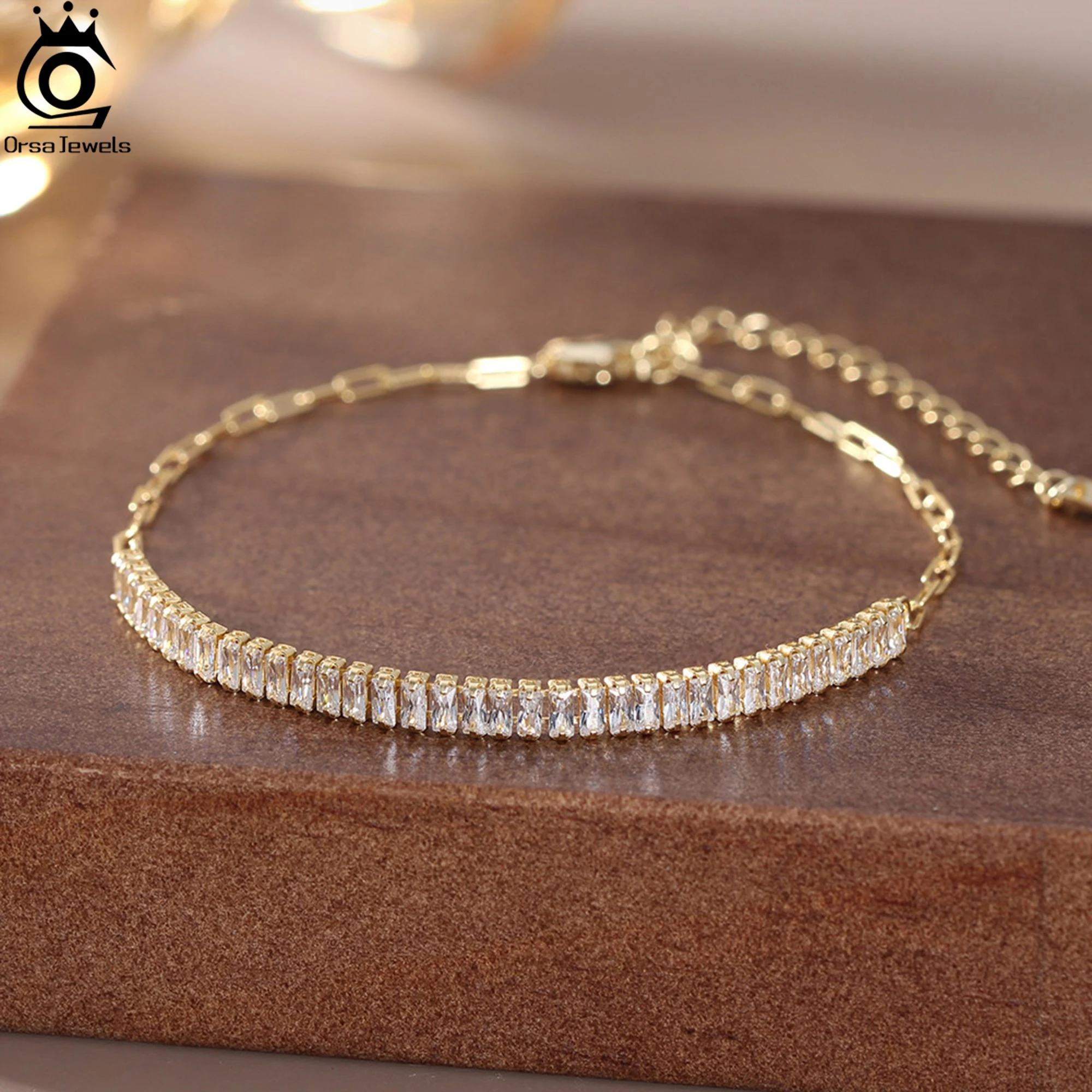 ORSA JEWELS 14K Gold 3.5*1.5mm Emerald Cut Sparkling 5A Cubic Zirconia With PaperClip Chain Tennis Bracelet Retro Present SB215