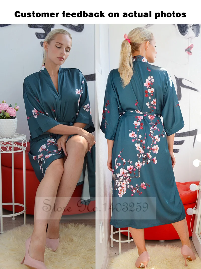 New Female Print Flower Long Robe Sexy Half Sleeve Kimono Bathrobe Gown Spring Summer Sleepwear Nightgown Loose Rayon Home Dress