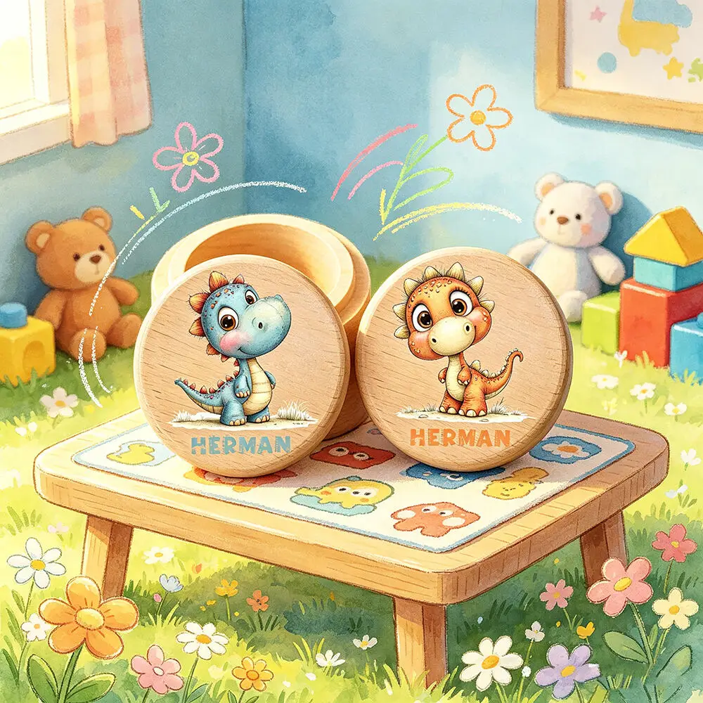 Custom Name Engraved Round Wooden Tooth Box Teeth Preservation Container Wood Kids Teeth Memory Storage Case Portable Tooth Coll