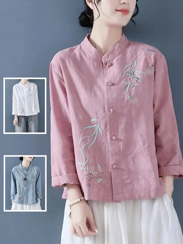 Retro Embroidered Cotton Linen Long Sleeve Shirt Stand Collar Casual Top Autumn Wear for plus Size Women Plant Floral Pattern
