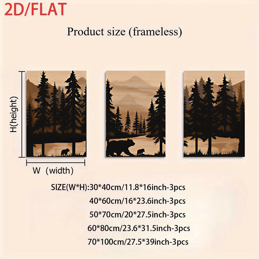 3PCS Frameless,1 set of three frameless decorative paintings, modern minimalist forest bear pattern wall hanging, 2D flat design