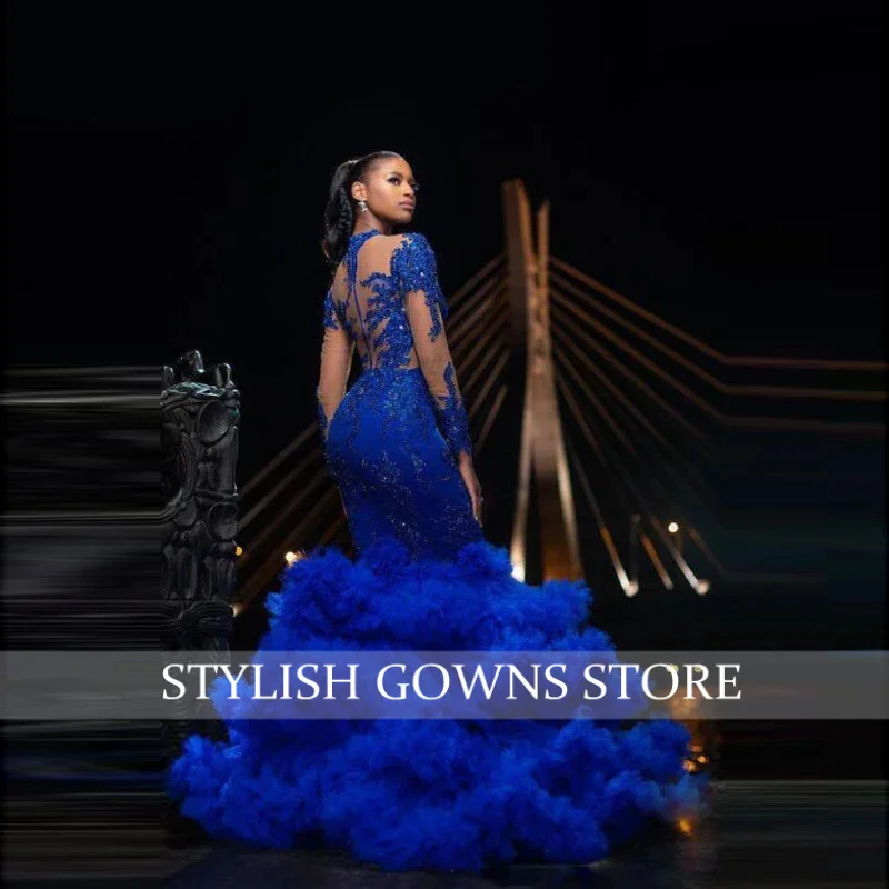 エレガントなプロムドレス ビーズアップリケ袖 ローブ・ド・ソワレ ゴージャスなブルー 豪華なフリル パフスリーブ イブニングドレス ページェントガウン マーメイド