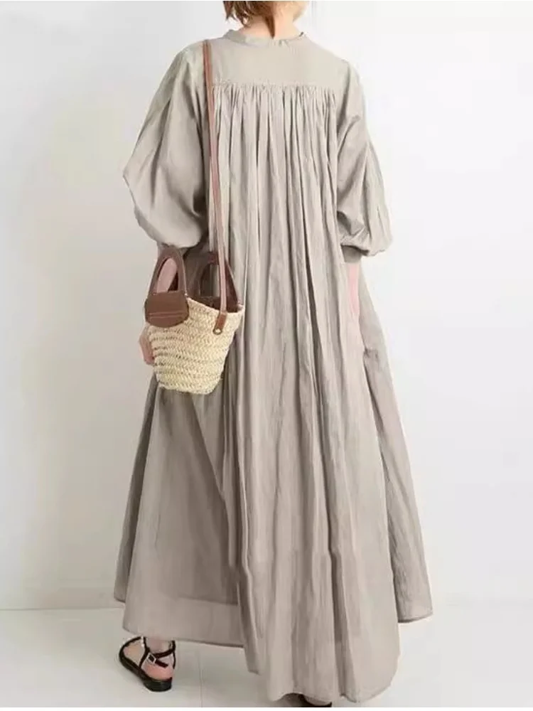 솔리드 컬러 코튼 린넨 오버니 드레스 2025 루즈핏 플러스 사이즈 셔츠 디자인 레트로 캐주얼 스탠드 칼라 플레어 베이스 레이어
