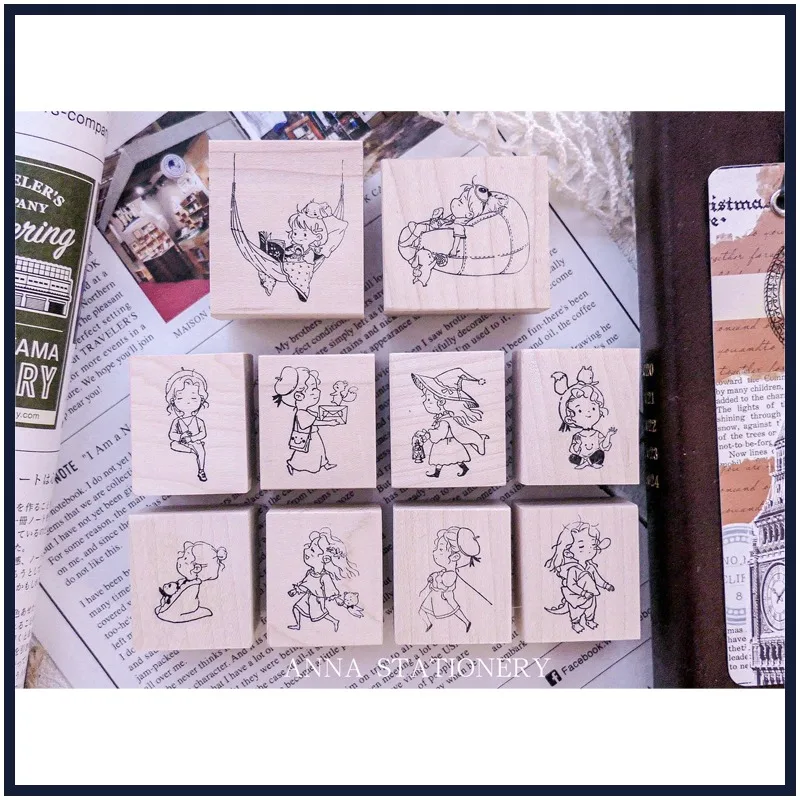 Lovely Girls Happy Daily Life Wooden Rubber Stamp Set DIY Scrapbooking Photo Album Card Making Wood Seal